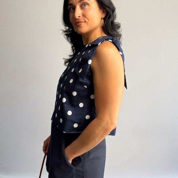 Women’s Navy Polka Dot Sleeveless Top – Bow-Shoulder Detail, Boxy Fit - Picture 3 of 8